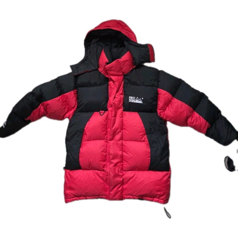First Down Expedition Gear Down Puffer Jacket Mens M Red Black Hooded 80/20 GUC